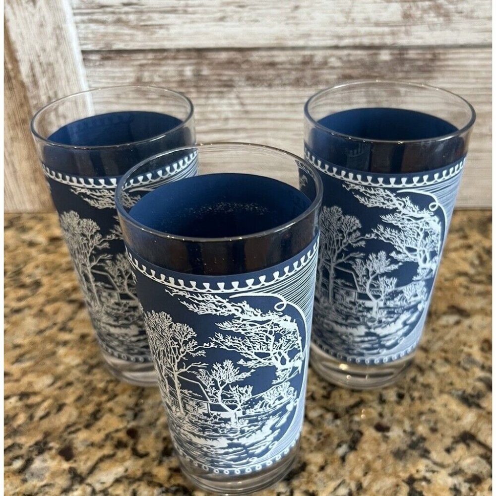 3 Vintage Currier & Ives Tumblers 12 Oz Glasses Blue On White Royal USA